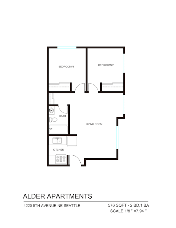 A floor plan for the Alder Apartments.