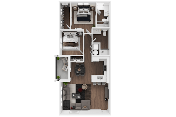 A top-down view of a small apartment with a kitchen, living room, and bedrooms.