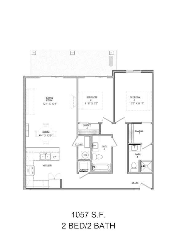 A floor plan for a 2 bedroom/2 bath apartment at 1057 S.F.