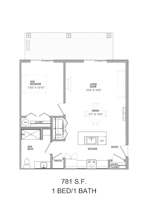 Floor Plan  A floor plan for a 1 bedroom/1 bath apartment at 781 S.F.