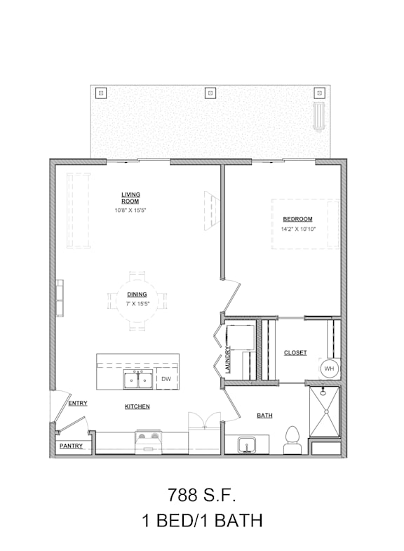 Floor Plan  A floor plan of a one bedroom apartment with a bath.