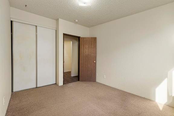 A room with a brown carpet and a brown door.