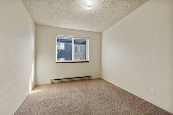 A room with a window and a carpeted floor.