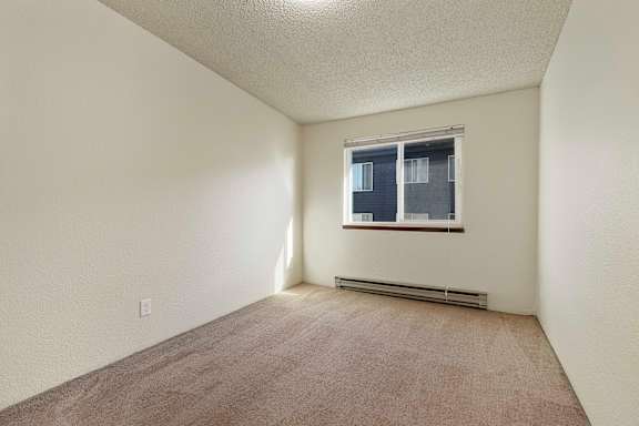 A room with a window and a carpeted floor.