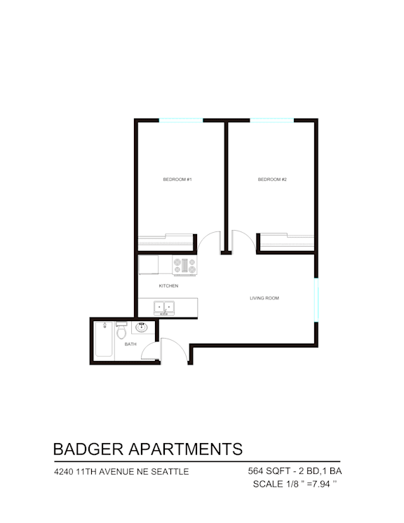 A floor plan for Badger Apartments shows two bedrooms, a living room, a kitchen, and a bathroom.