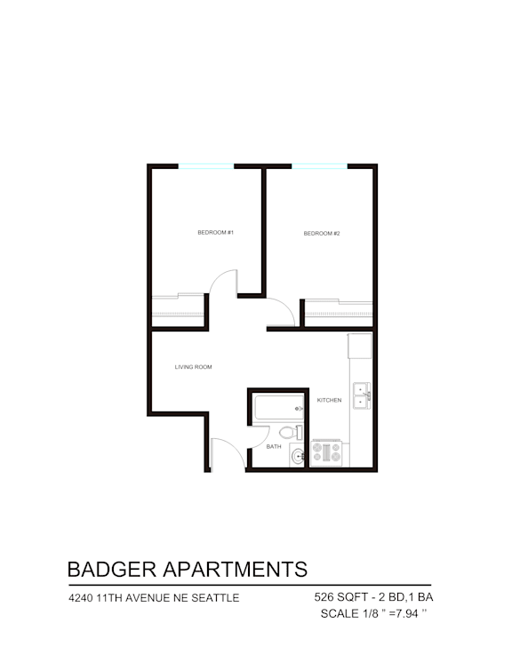 A floor plan for Badger Apartments shows two bedrooms, a living room, a kitchen, and a bathroom.