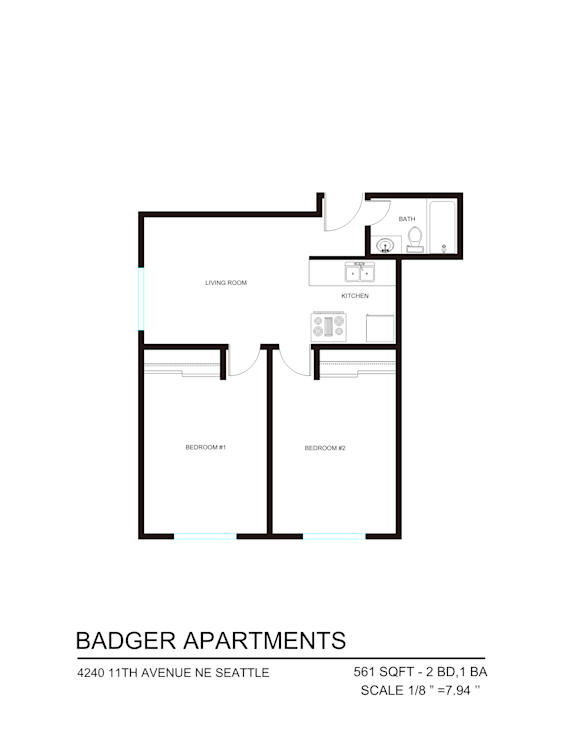 A floor plan for Badger Apartments shows two bedrooms and two bathrooms.