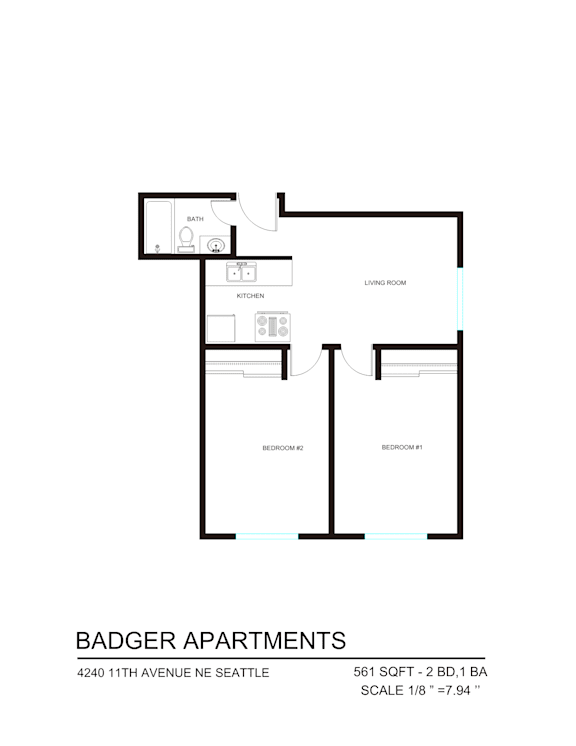 A floor plan for Badger Apartments shows the layout of the living room, kitchen, and bedrooms.