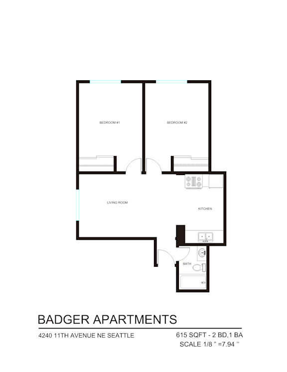 A floor plan for Badger Apartments shows two bedrooms, a living room, a kitchen, and a bathroom.