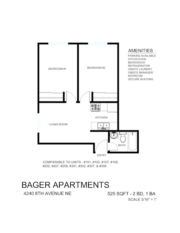 A floor plan for Bager Apartments shows two bedrooms, a living room, a kitchen, and an entry.