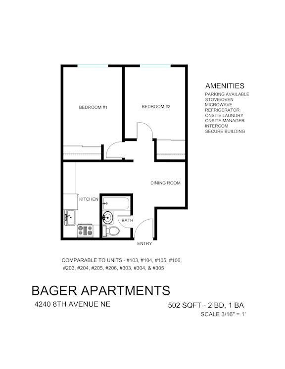 A floor plan for Bager Apartments shows two bedrooms, a dining room, kitchen, and bath.