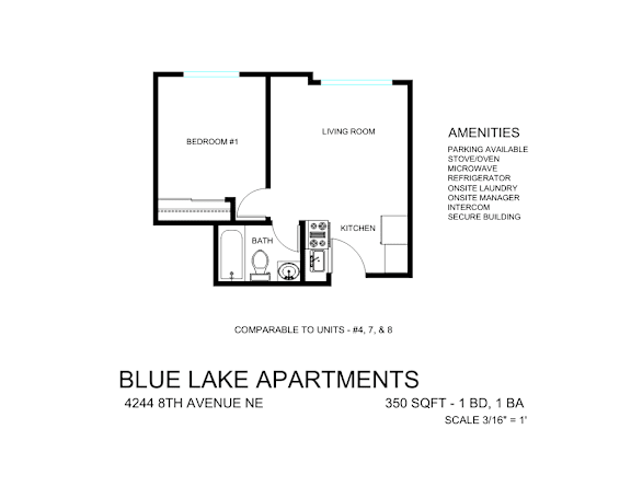 A floor plan for Blue Lake Apartments shows a living room, a kitchen, a bathroom, and a bedroom.