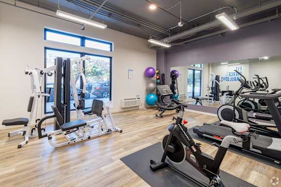 A gym with a variety of equipment including a treadmill, a stationary bike, a rowing machine, a weight bench, and a squat rack.