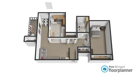 A floor plan of a house with a kitchen, living room, and two bedrooms.