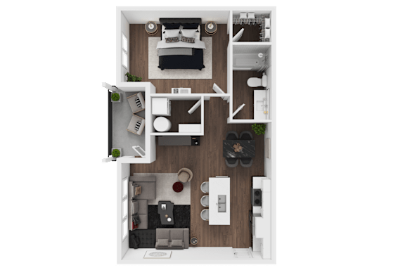 A top-down view of a small apartment layout with a bedroom, living room, kitchen, and bathroom.