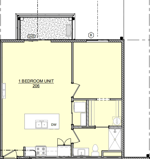 A floor plan of a one bedroom unit with a bathroom and a kitchen.