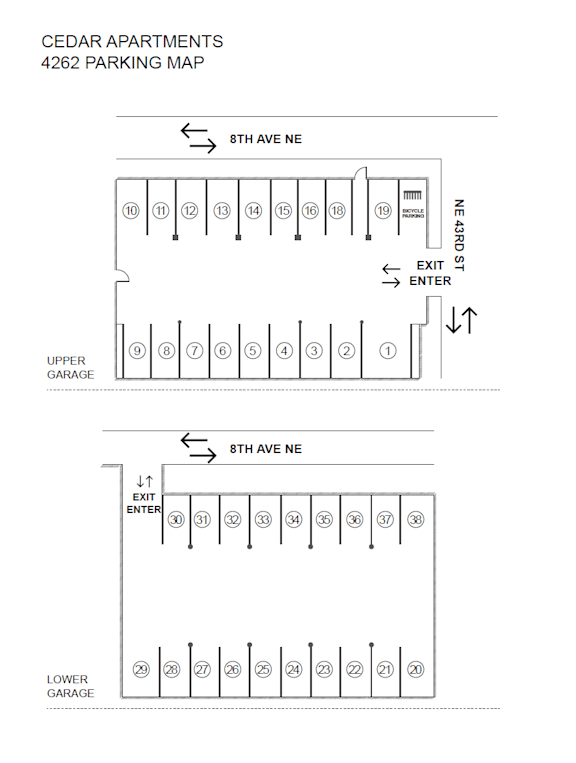 A black and white diagram of a parking map for Cedar Apartments.