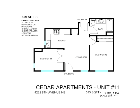 A floor plan of a 2 bedroom apartment at Cedar Apartments