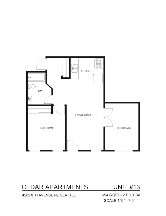 A black and white diagram of apartment unit #13 at Cedar Apartments.