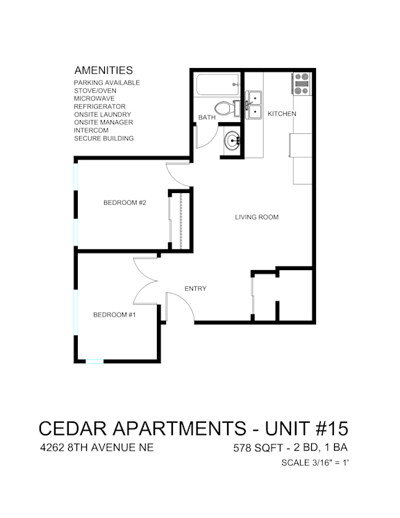 A floor plan of a 2 bedroom apartment at Cedar Apartments