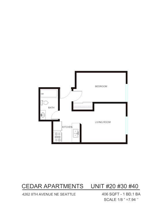 A floor plan for a one bedroom apartment at Cedar Apartments.