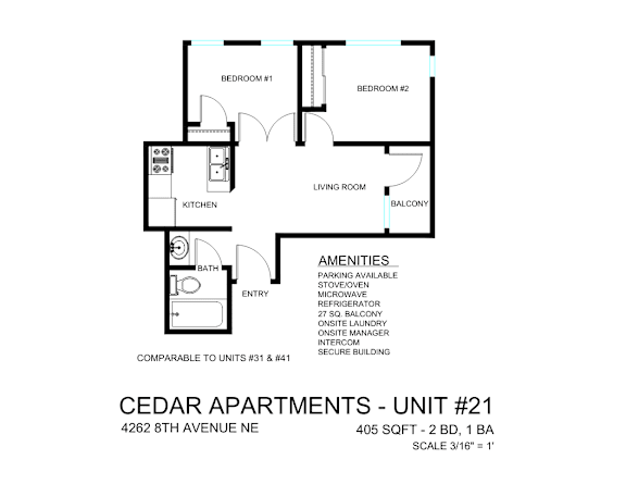 A floor plan of a 2 bedroom apartment at Cedar Apartments