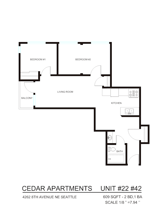 A floor plan of apartment unit #22 #42 at Cedar Apartments.