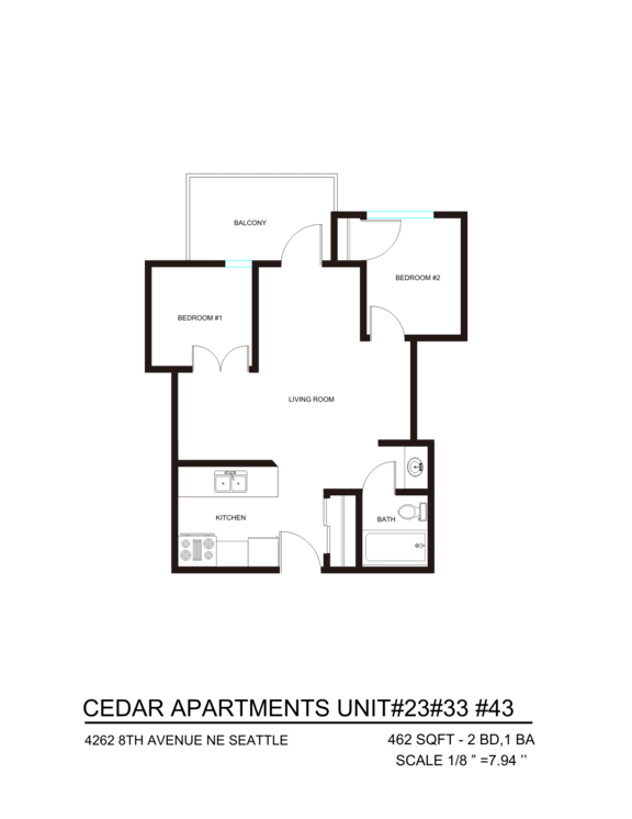 A floor plan of apartment unit #43 at Cedar Apartments.