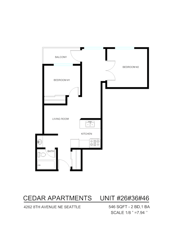 A floor plan for Cedar Apartments shows three bedrooms, a living room, a kitchen, and a bathroom.