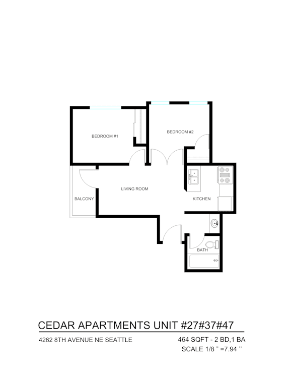 A floor plan for a Cedar Apartments unit with two bedrooms and a living room.