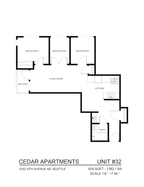 A floor plan of apartment unit #32 at Cedar Apartments.