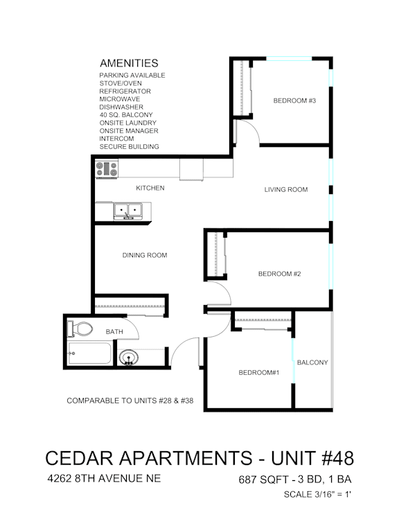 A floor plan for a unit at Cedar Apartments, showing a living room, dining room, kitchen, and four bedrooms.