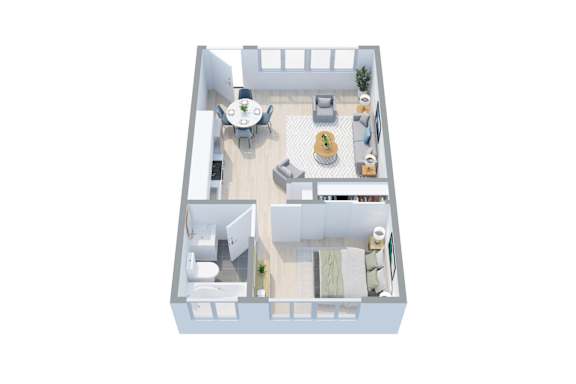 A 3D floor plan of a one bedroom apartment with a kitchen, living room, and bedroom at Cornerstone Apartments