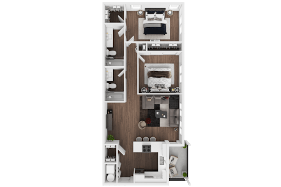A top-down view of a small apartment with a kitchen, living room, and bedroom.