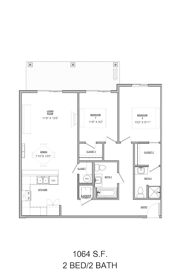 A floor plan for a 2 bedroom/2 bath home.
