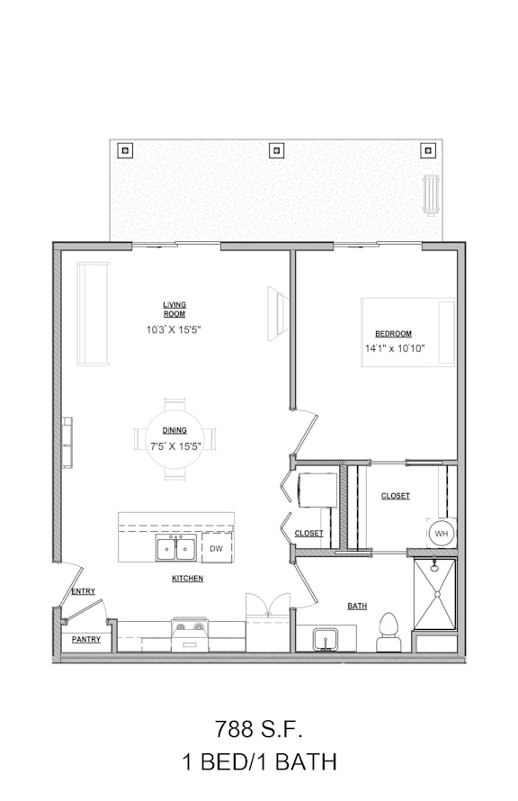 Floor Plan  A floor plan of a 788 S.F. 1 Bed/1 Bath apartment.