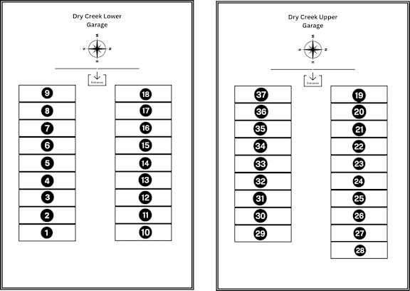 A diagram showing two garages, one on the left and one on the right, with numbered parking spaces.