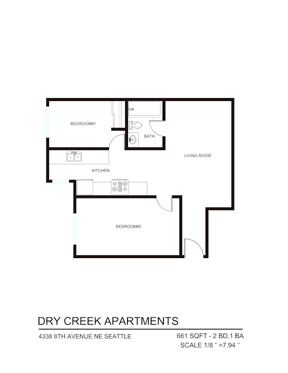 A floor plan of apartment layout for Dry Creek Apartments.