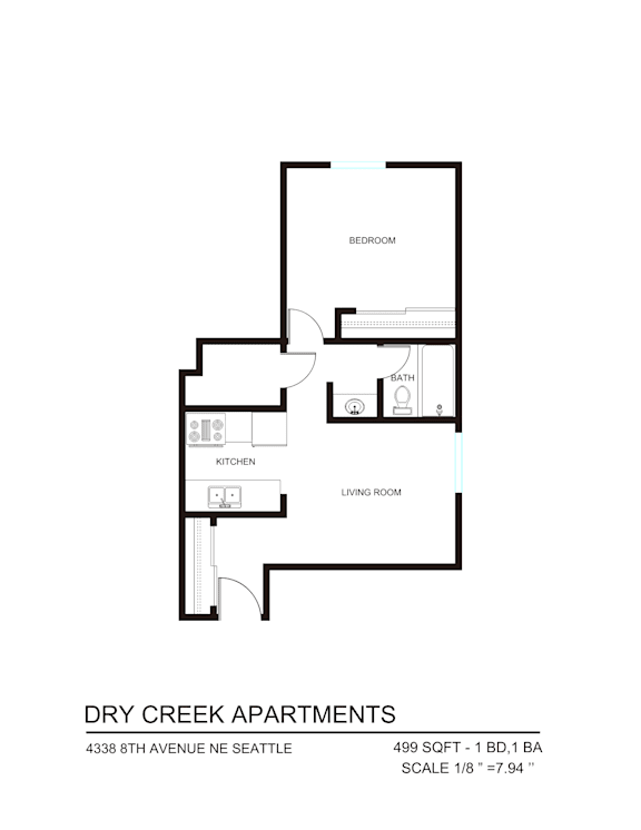 A floor plan for Dry Creek Apartments shows a living room, a kitchen, a bathroom and a bedroom.