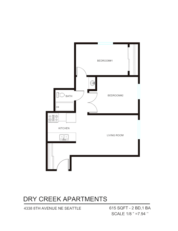 A floor plan for Dry Creek Apartments shows two bedrooms, a living room, a kitchen, and a bathroom.