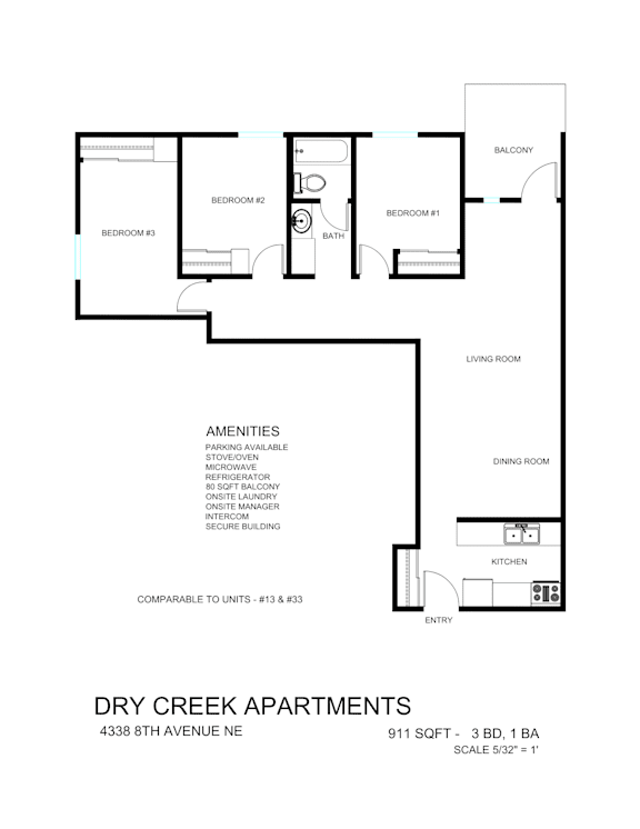 A floor plan for Dry Creek Apartments shows three bedrooms and two bathrooms.