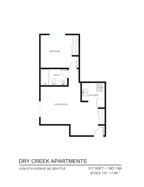 A floor plan for Dry Creek Apartments shows a living room, a kitchen, a bath, and a bedroom.