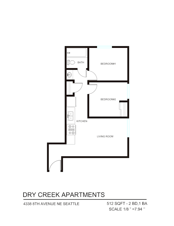A floor plan for Dry Creek Apartments shows a living room, a kitchen, and two bedrooms.