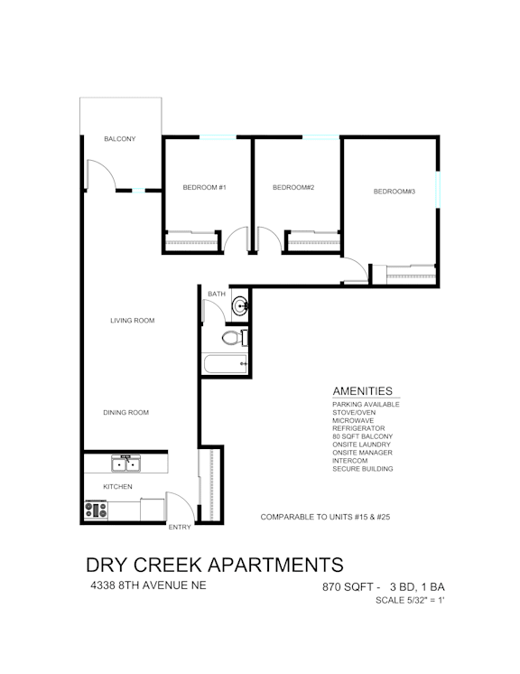 Apartment floor plan for Dry Creek Apartments.