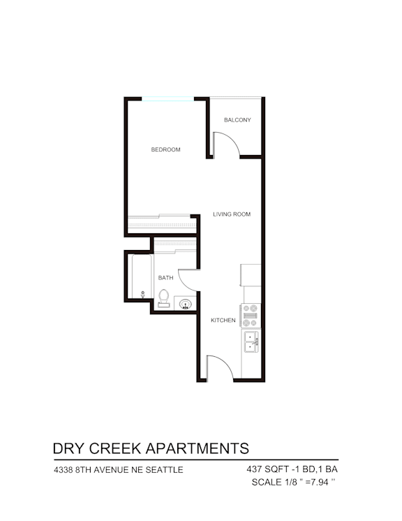 A black and white diagram of a floor plan for apartment living.