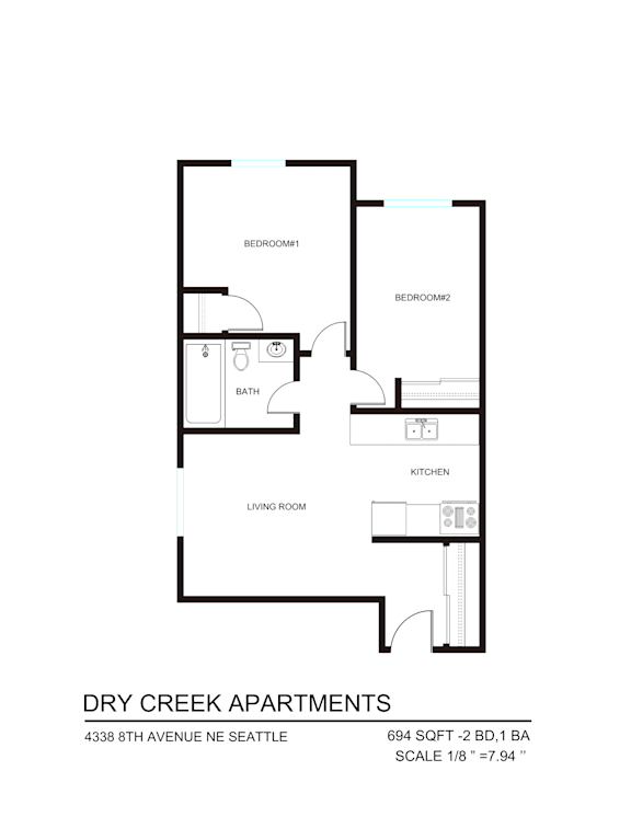 A floor plan of apartment layout for Dry Creek Apartments.