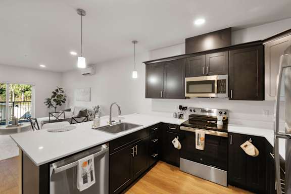 A modern kitchen with black cabinets and stainless steel appliances.