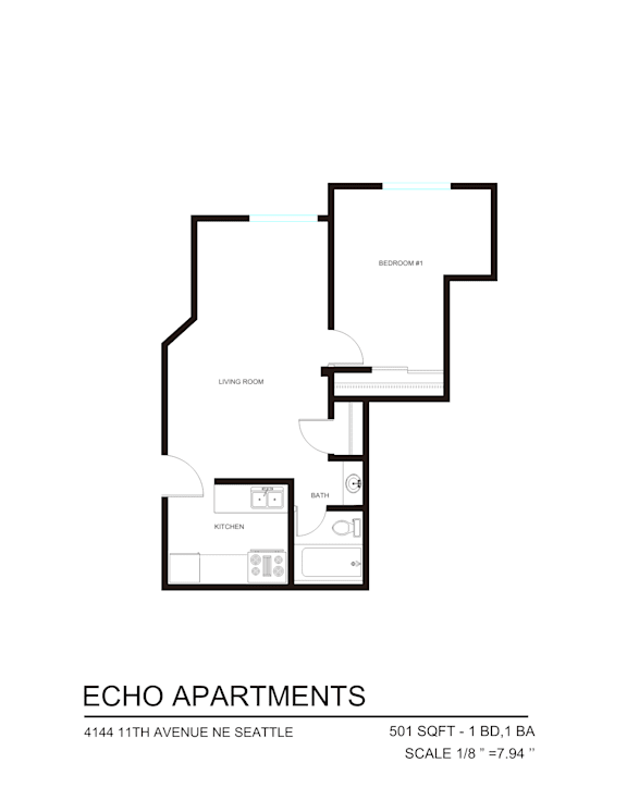 A floor plan for Echo Apartments showing one apartment with a living room, kitchen, and bathroom.