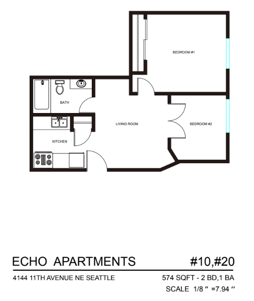 A floor plan for Echo Apartments shows two bedrooms and a living room.