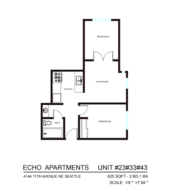 A black and white image of a floor plan for a 1/8th apartment.